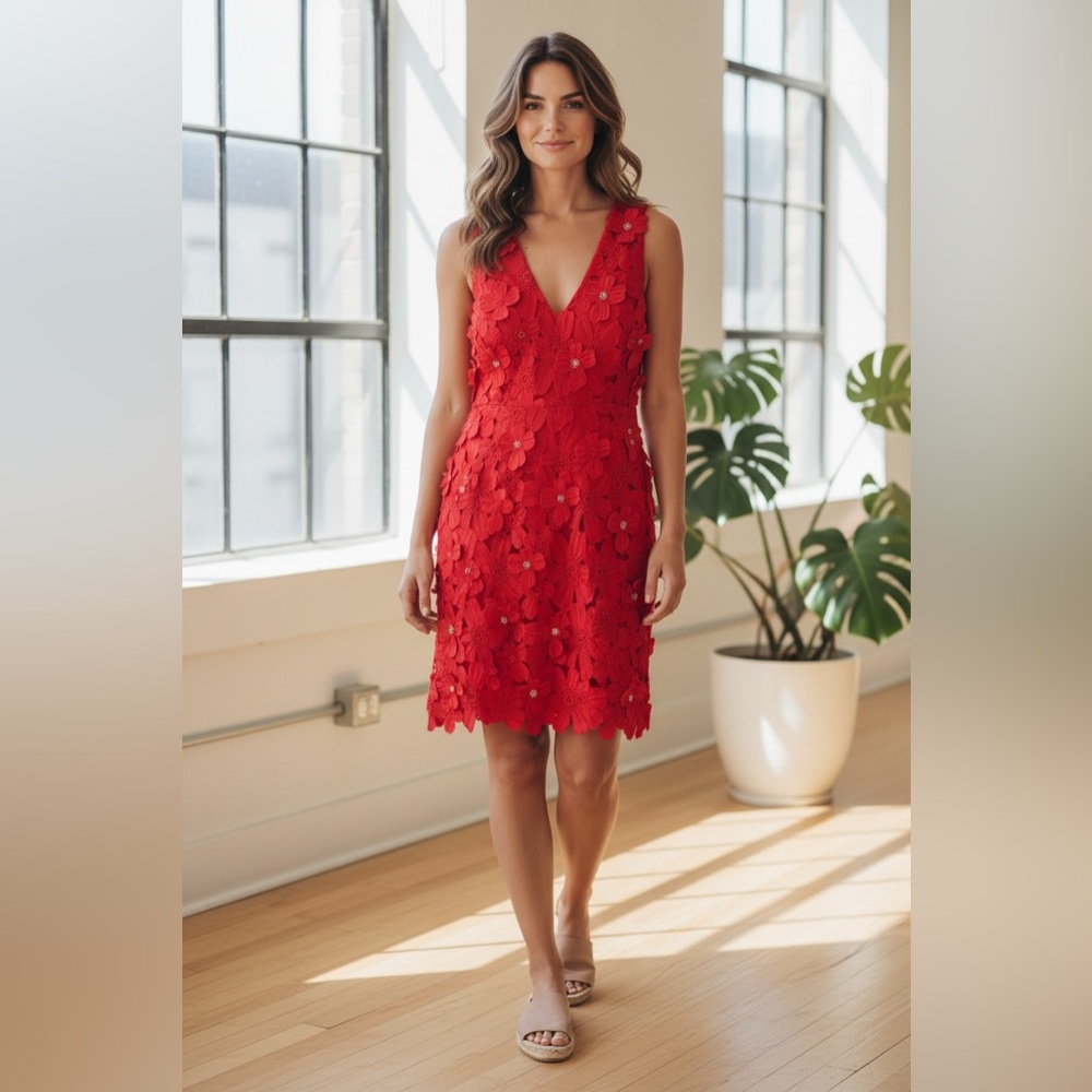 Michael Kors Floral Appliqué Lace Dress Size 00 True Red New with Tags